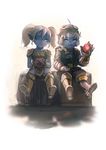  armor barrel blue_eyes blue_skin breastplate full_armor gauntlets goggles goggles_on_head hair_between_eyes la_ciero_(pixiv) league_of_legends looking_at_another multiple_girls open_mouth pointy_ears poppy short_hair short_twintails shoulder_armor sitting spaulders tristana twintails white_hair yordle 