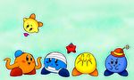  :o :t ^_^ absurdres bandages blue_hat bouncing closed_eyes copy_ability flower green_background hat hat_flower highres kirby kirby_(series) little_miss_bossy long_arms mr._bounce mr._bump mr._happy mr._men mr._men_&amp;_little_miss mr._small mr._tickle no_humans open_mouth orange_(color) pink_hat simple_background smile spice5400 