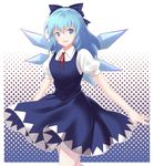  alternate_hair_length alternate_hairstyle bad_id bad_pixiv_id blue_dress blue_eyes blue_hair blush border bow cirno cowboy_shot dress hair_bow highres ice ice_wings long_hair looking_at_viewer open_mouth outline polka_dot polka_dot_background puffy_short_sleeves puffy_sleeves red_bow red_ribbon ribbon short_sleeves smile solo touhou white_border wings x&amp;x&amp;x 