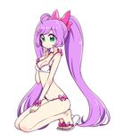  ahoge bikini body_blush bow breasts chan_co from_side full_body green_eyes hair_bow hand_on_own_cheek hand_on_thigh kneeling long_hair manaka_lala medium_breasts navel pink_bow pretty_(series) pripara purple_hair sandals simple_background solo swimsuit twintails very_long_hair white_background 