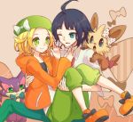  1boy 1girl bel_(pokemon) black_hair blonde_hair blue_eyes carrying cheren_(pokemon) commentary_request creatures_(company) game_freak glasses green_eyes hat jacket medium_hair nintendo open_mouth pokemon pokemon_(creature) pokemon_(game) pokemon_bw2 princess_carry rikovui smile 