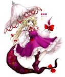  blonde_hair choker color_guide dress full_body gap hat hat_ribbon holding holding_umbrella huyusilver long_hair long_sleeves mob_cap official_style oota_jun'ya_(style) purple_dress purple_eyes red_ribbon ribbon ribbon_choker simple_background solo touhou umbrella white_background yakumo_yukari 