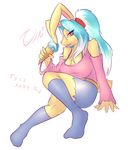  2015 anthro belt big_breasts blue_hair breasts brown_fur cleavage clothed clothing dessert female food fur hair half-closed_eyes ice_cream lagomorph legwear long_hair mammal open_mouth red_eyes shirt shorts simple_background sitting socks solo tailzkim text tongue tongue_out torn_clothing white_background white_hair 