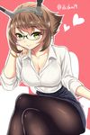  bespectacled bracelet breasts brown_hair cleavage contemporary crossed_legs glasses green_eyes hairband heart jewelry kantai_collection kase_daiki large_breasts looking_at_viewer mutsu_(kantai_collection) pantyhose short_hair sitting solo 