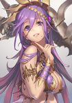  bikini_top breasts cleavage dark_skin finger_to_chin grin jewelry kali_(p&amp;d) lamchun_(2006) large_breasts long_hair mole mole_under_mouth purple_eyes purple_hair puzzle_&amp;_dragons smile solo 