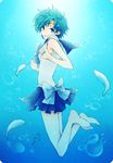  aqua_hair barefoot bishoujo_senshi_sailor_moon blue_eyes bow bubbles chiichi feet fish gradient gradient_background mizuno_ami pleated_skirt sailor_mercury skirt solo underwater 