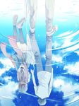  1girl black_hair closed_umbrella different_reflection ein_(spike_ein) highres kagerou_project kisaragi_shintarou long_hair reflection scarf school_uniform short_hair sky tateyama_ayano umbrella water 