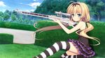  1girl aiming blonde_hair blue_eyes breasts dress forest game_cg grass highres juukishi_cutie_bullet legs long_hair nature sara_tefal serious sitting skirt sky small_breasts solo striped striped_legwear thighs tree trees twintails weapon yuuki_hagure 