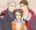  1girl 2boys black_hair blue_eyes breasts cleavage commentary_request dante_(dmc:_devil_may_cry) devil_may_cry dmc:_devil_may_cry facial_mark fingerless_gloves forehead_mark gloves hood hoodie jacket jewelry kat_(devil_may_cry) multiple_boys necklace open_mouth short_hair vergil white_hair 