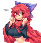  adapted_costume black_shirt bow breasts cape covered_nipples crop_top disembodied_head embarrassed eyebrows eyebrows_visible_through_hair hair_between_eyes hair_bow hair_ribbon iroyopon large_breasts looking_at_viewer midriff navel red_eyes red_hair ribbon sekibanki shirt short_hair solo touhou worried 