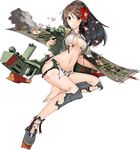  amagi_(kantai_collection) barefoot breasts brown_eyes brown_hair cleavage full_body hair_ornament kantai_collection kuuro_kuro large_breasts long_hair looking_at_viewer machinery miniskirt mole mole_under_eye navel official_art ponytail remodel_(kantai_collection) shoes single_shoe skirt solo torn_clothes transparent_background 