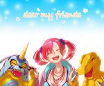  1girl 2boys agumon bandai blue_dress breasts claws cleavage digimon digimon_story:_cyber_sleuth dress fangs female friends gabumon happy horns monster multiple_boys open_mouth red_hair shiramine_nokia simple_background smile solo twintails 
