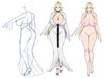 1girl areolae ass blonde_hair blue_eyes breasts choker comparison curvy dress earrings elf female high_heels huge_breasts jewelry long_hair long_skirt milf multiple_persona navel necklace nipples no_pussy nude original partially_colored pointy_ears see-through shoes simple_background sketch skirt standing thigh_gap usaginagomu white_background wide_hips 
