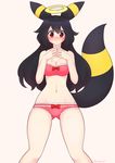  2015 anthro black_fur black_hair blush bow bra breasts cleavage clothed clothing eeveelution female fur hair halo hi_res human lingerie long_hair looking_at_viewer mammal navel nintendo panties pastelletta pok&eacute;mon pok&eacute;morph red_eyes solo standing umbreon underwear video_games yellow_fur 