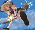  aiming_at_viewer apron black_dress blonde_hair bloomers blue_sky blurry bow braid broom broom_riding buttons cloud collared_shirt day dress flying foreshortening frilled_dress frills full_body grin hair_bow hair_ornament hat kirisame_marisa kitano_(kitanosnowwhite) loafers long_hair looking_at_viewer mini-hakkero puffy_sleeves red_bow shirt shoes short_sleeves side_braid signature single_braid skirt skirt_set sky smile socks solo spread_legs star touhou underwear vest waist_apron white_legwear white_shirt wing_collar witch_hat yellow_eyes 