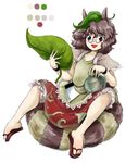  :d animal_ears brown_hair color_guide full_body futatsuiwa_mamizou glasses huyusilver leaf leaf_on_head official_style oota_jun'ya_(style) open_mouth raccoon_ears raccoon_tail red_eyes short_hair simple_background skirt smile solo tail touhou white_background 