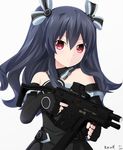  artist_name bare_shoulders black_hair elbow_gloves eotech gloves gun hair_ornament hair_ribbon keenh kriss_vector long_hair looking_at_viewer neptune_(series) red_eyes ribbon simple_background solo submachine_gun two_side_up uni_(choujigen_game_neptune) weapon white_background 