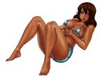  1girl bikini breasts brown_eyes brown_hair dark_skin female large_breasts long_hair lying matoyama on_back shorts simple_background solo swimsuit tan 