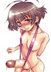  1boy ahoge akizuki_ryou bikini blush brown_eyes brown_hair censored cum huge_penis huge_testicles idolmaster idolmaster_dearly_stars izumo male male_focus penis short_hair simple_background sling_bikini smile solo swimsuit testicles trap tsumagomi_izumo uncensored 