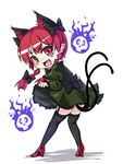  absurdres animal_ears black_legwear blush_stickers bow braid cat_ears cat_tail curtsey dress extra_ears fang full_body garter_straps green_dress hair_bow hair_ornament high_heels highres kaenbyou_rin koissa long_hair long_sleeves looking_at_viewer looking_back multiple_tails pointy_ears puffy_sleeves red_eyes red_hair simple_background skirt_hold skull solo tail thighhighs touhou twin_braids white_background 
