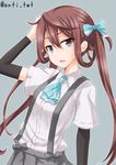  anti_(untea9) arm_up arm_warmers asagumo_(kantai_collection) blue_eyes brown_hair commentary_request dress_shirt grey_background grey_skirt hair_between_eyes hair_ribbon hand_on_own_head highres jpeg_artifacts kantai_collection long_hair looking_at_viewer open_mouth pleated_skirt ribbon school_uniform shirt silver_eyes simple_background skirt solo suspenders twintails twitter_username 