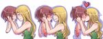  2girls blonde_hair blush cum eyes_closed green_eyes kiss kissing multiple_girls original red_hair simple_background sweat_drop sweatdrop 