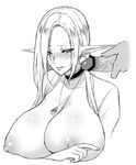  1boy 1girl areolae blush breasts breasts_outside censored choker elf huge_breasts long_hair milf monochrome necklace nipples no_bra open_clothes original penis pointy_ears puffy_nipples simple_background solo_focus sweatdrop usaginagomu veiny_penis white_background 