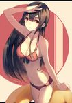  arm_up ass bad_id bad_pixiv_id bare_arms bikini black_hair breasts cleavage hadean92 highres light_smile long_hair looking_at_viewer medium_breasts navel original red_eyes revision solo swimsuit 