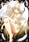  absurdres black_background blonde_hair breasts cleavage date_a_live feathers feet highres legs long_hair mayuri_(date_a_live) medium_breasts non-web_source nude nyantype official_art purple_eyes sideboob solo very_long_hair wings 