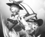  :o alternate_hairstyle bangs bloom bow bowler_hat dress frilled_shawl frills gloves greyscale hair_between_eyes hair_over_one_eye hat hat_bow hinanawi_tenshi holding holding_sword holding_weapon mazeran monochrome multiple_girls nagae_iku open_mouth shawl short_hair sword sword_of_hisou touhou v-shaped_eyebrows weapon 