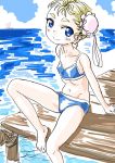  1girl blonde_hair blue_eyes bun_cover chrono_cross commentary_request double_bun looking_at_viewer marcy_(chrono_cross) s-a-murai short_hair smile solo swimsuit 