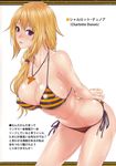  absurdres bikini blonde_hair breasts charlotte_dunois highres infinite_stratos large_breasts long_hair looking_at_viewer purple_eyes solo swimsuit translation_request zucchini 
