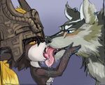  blonde_hair blue_eyes breasts canine ear_piercing fangs female feral fur grey_fur hair interspecies kissing link link_(wolf_form) male male/female mammal midna nintendo nude piercing red_eyes saliva the_legend_of_zelda tongue tongue_out twilight_princess ungulatr video_games wolf 