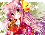  animal_ears cat_ears green_eyes japanese_clothes long_hair ooji_cha original pink_hair solo 