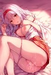  after_sex bed_sheet blush breasts brown_eyes cum cum_on_pussy cumdrip feet_out_of_frame hairband highres hiten_(hitenkei) japanese_clothes kantai_collection long_hair md5_mismatch medium_breasts nipples open_mouth panties pillow shoukaku_(kantai_collection) silver_hair skirt solo underwear 