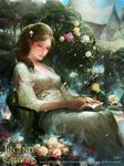  2015 aloysia_(legend_of_the_cryptids) book bush chair company_name copyright_name crowgod dress flower hair_flower hair_ornament highres house legend_of_the_cryptids official_art ponytail reading signature sitting solo white_dress 