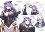  2boys annoyed armor bad_id bad_twitter_id bangs black_armor black_panties blush boots breasts camilla_(fire_emblem_if) eyepatch fire_emblem fire_emblem_if from_above gloves hair_over_one_eye horned_headwear joker_(fire_emblem_if) large_breasts long_hair mikurou_(nayuta) multiple_boys panties parted_lips purple_hair strap surprised thigh_boots thighhighs translation_request underwear white_hair zero_(fire_emblem_if) 