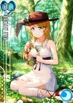  alternate_hairstyle ayase_eli bangs bird blonde_hair blue_eyes blush bracelet bug butterfly card_(medium) character_name clover collarbone crescent dappled_sunlight day dress flower forest frilled_dress frills hair_ornament hairclip hat heart holding holding_flower insect jewelry jpeg_artifacts light_rays long_hair looking_down love_live! love_live!_school_idol_festival love_live!_school_idol_project mori_girl nature official_art sandals see-through sitting sleeveless sleeveless_dress smile solo squirrel star sun_hat sunbeam sundress sunlight swept_bangs tree tree_stump wariza white_dress 