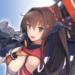  bad_id bad_twitter_id bare_shoulders blush breasts brown_hair cherry_blossoms flower gradient gradient_background hair_flower hair_intakes hair_ornament headgear holding holding_umbrella kantai_collection large_breasts long_hair looking_at_viewer lowres machinery official_art open_mouth orange_eyes oriental_umbrella ponytail red_umbrella shizuma_yoshinori solo turret umbrella upper_body yamato_(kantai_collection) 
