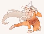  3four all_fours animal_ears bakemonogatari barefoot black_hanekawa breasts cat_ears cleavage finger_licking hanekawa_tsubasa licking long_hair looking_at_viewer medium_breasts monogatari_(series) navel open_clothes pajamas solo tongue tongue_out very_long_hair white_hair yellow_eyes 