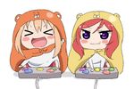  animal_costume blonde_hair blush chibi controller cosplay crossover doma_umaru game_controller gamepad hamster_costume himouto!_umaru-chan hood komaru komaru_(cosplay) love_live! love_live!_school_idol_project lowres matching_outfit multiple_girls nishikino_maki open_mouth playing_games pop'n_music purple_eyes red_hair short_hair sitting sooki wavy_mouth 