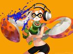  bike_shorts domino_mask fantchi headphones ink_tank_(splatoon) inkling long_hair mask midriff navel orange_eyes orange_hair paint_splatter solo splatoon_(series) splatoon_1 splattershot_(splatoon) super_soaker tentacle_hair 