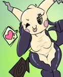  ! &lt;3 anthro big_breasts blush breasts clothed clothing female mimikyu nintendo one_eye_closed pocketmew pok&eacute;mon pok&eacute;mon_(species) simple_background smile solo speech_bubble thick_thighs tongue tongue_out video_games wink 