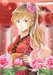  absurdres blonde_hair breasts china_dress chinese_clothes dress earrings flower green_eyes hair_flower hair_ornament hair_stick hand_on_hip high_ponytail highres jewelry long_hair medium_breasts original peony_(flower) red_dress sash soft_focus solo upper_body yggdrasil_(664018742) 