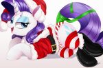  2018 blue_eyeshadow christmas clothed clothed_feral clothing cutie_mark equine eyelashes eyeshadow female feral friendship_is_magic hat hi_res holidays horn makeup mammal my_little_pony ncmares open_mouth rarity_(mlp) ribbons santa_hat solo unicorn 