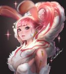  animal_ears bangs banned_artist blunt_bangs breasts bunny_ears carrot carrot_earrings detached_sleeves earrings extra_ears food_themed_earrings freckles fur_collar high_ponytail jewelry large_breasts lips long_hair making_of nose original pink_hair pointy_ears purple_eyes sakimichan sideboob solo sparkle tattoo upper_body 