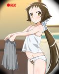  animal_print bare_shoulders bear_panties bear_print blush body_blush bow bow_panties brown_hair chikuishi from_side front-print_panties groin holding indoors long_hair looking_at_viewer mikakunin_de_shinkoukei mitsumine_mashiro no_pants panties ponytail print_panties recording short_hair_with_long_locks skirt skirt_removed sleeveless solo sweat underwear underwear_only wall wet wet_clothes wet_skirt white_panties 