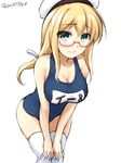  aqua_eyes blonde_hair blush breasts cleavage collarbone cowboy_shot don_(29219) glasses hair_ribbon hands_on_own_knees hat i-8_(kantai_collection) kantai_collection large_breasts leaning_forward looking_at_viewer low_twintails name_tag one-piece_swimsuit red-framed_eyewear ribbon school_swimsuit semi-rimless_eyewear simple_background sketch smile solo swimsuit thighhighs twintails twitter_username under-rim_eyewear white_background white_legwear 