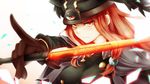  bad_id bad_pixiv_id blazblue brown_gloves close-up eyeball face gloves hair_bobbles hair_ornament hat highres holding holding_sword holding_weapon inaba_sunimi pointing red_eyes red_hair reflection serious simple_background solo sword third_eye tsubaki_yayoi upper_body weapon white_background 