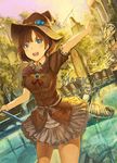  blue_eyes brown_hair building dress hat highres original reflection rikkido solo stairs sunset tree water witch_hat 